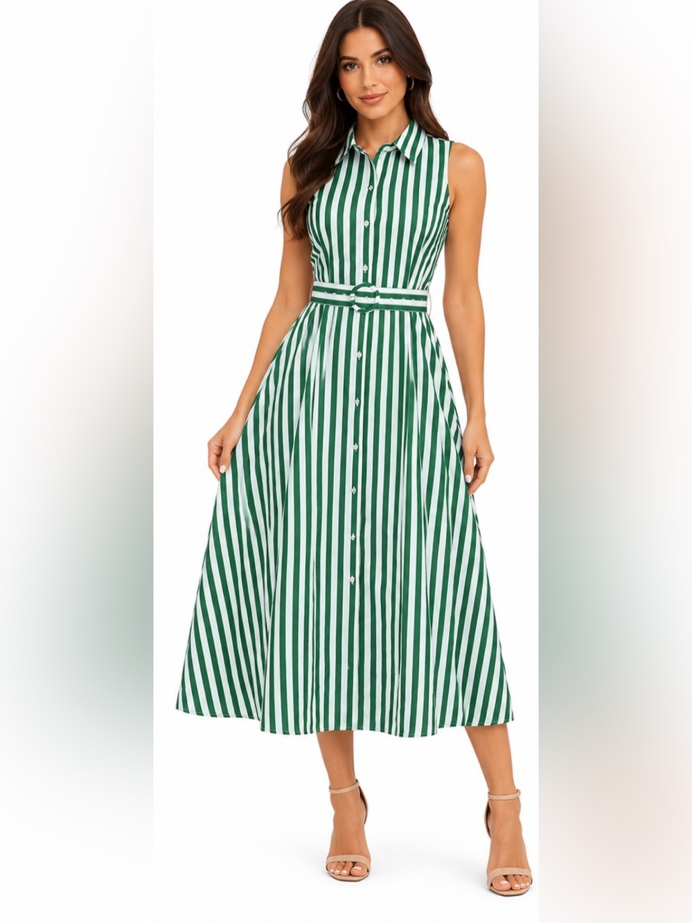Commense Green & White Vertical-Stripe Sleeveless Belted Maxi